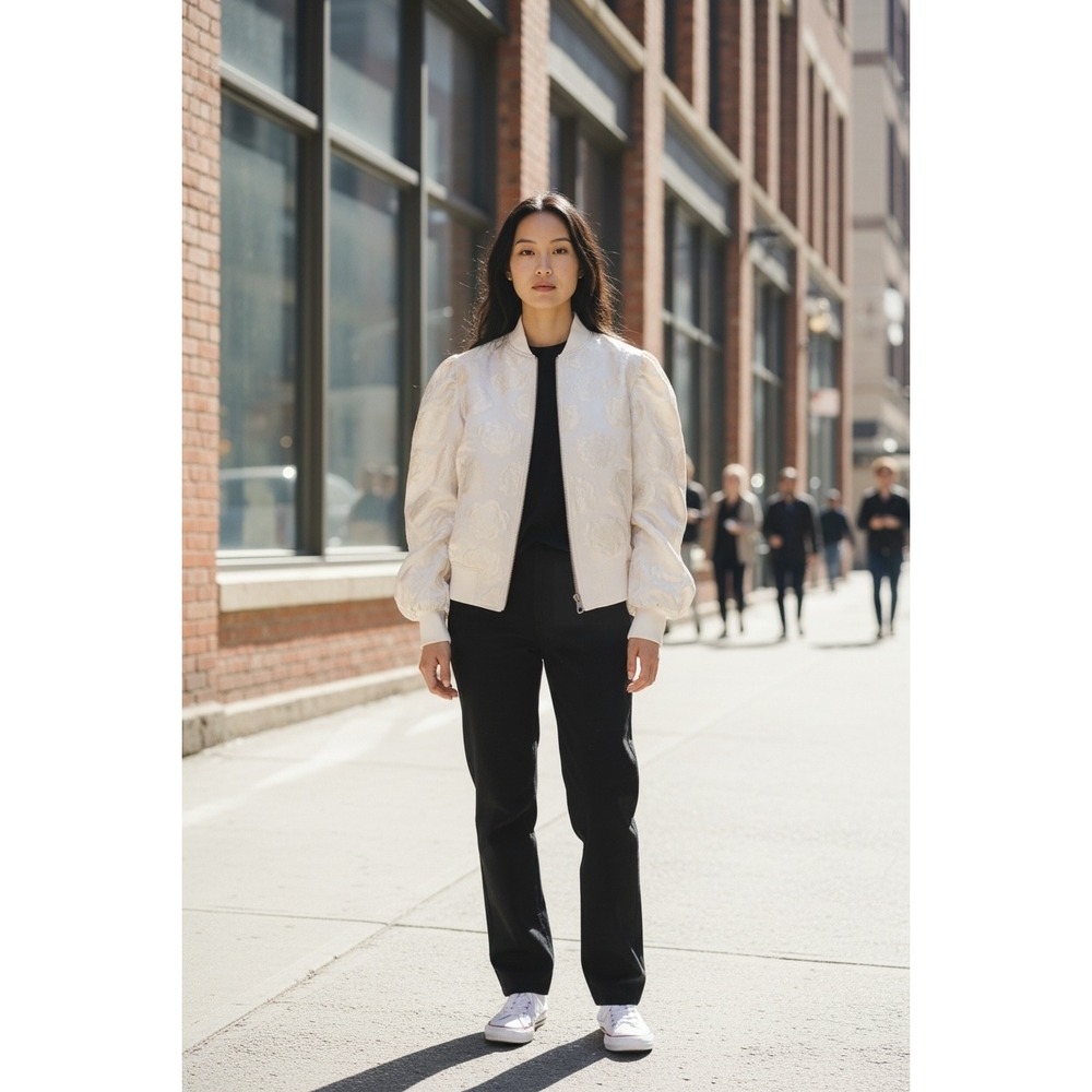 Future Collective Cream Floral Jacquard Puff Sleeve Bomber Jacket XS